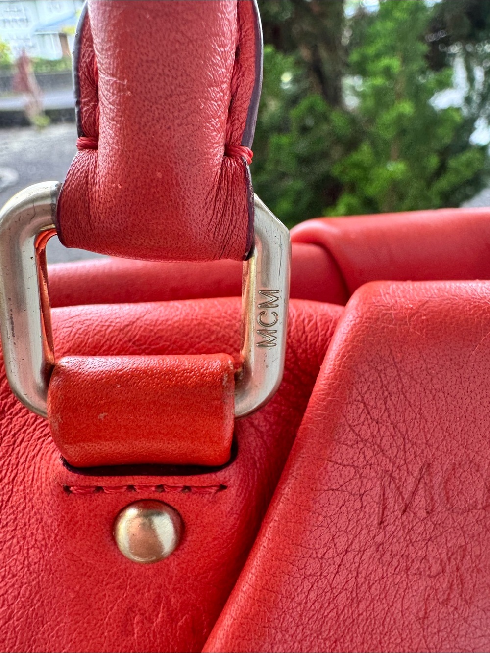 MCM Coral Red Embossed Leather Satchel Shoulder Bag Crossbody - Picture 6 of 12